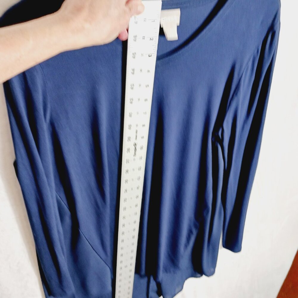Chico's Navy Top Small, Mixed Media, Gorgeous Draped Back, High Low, Long Sleeve - Picture 9 of 14